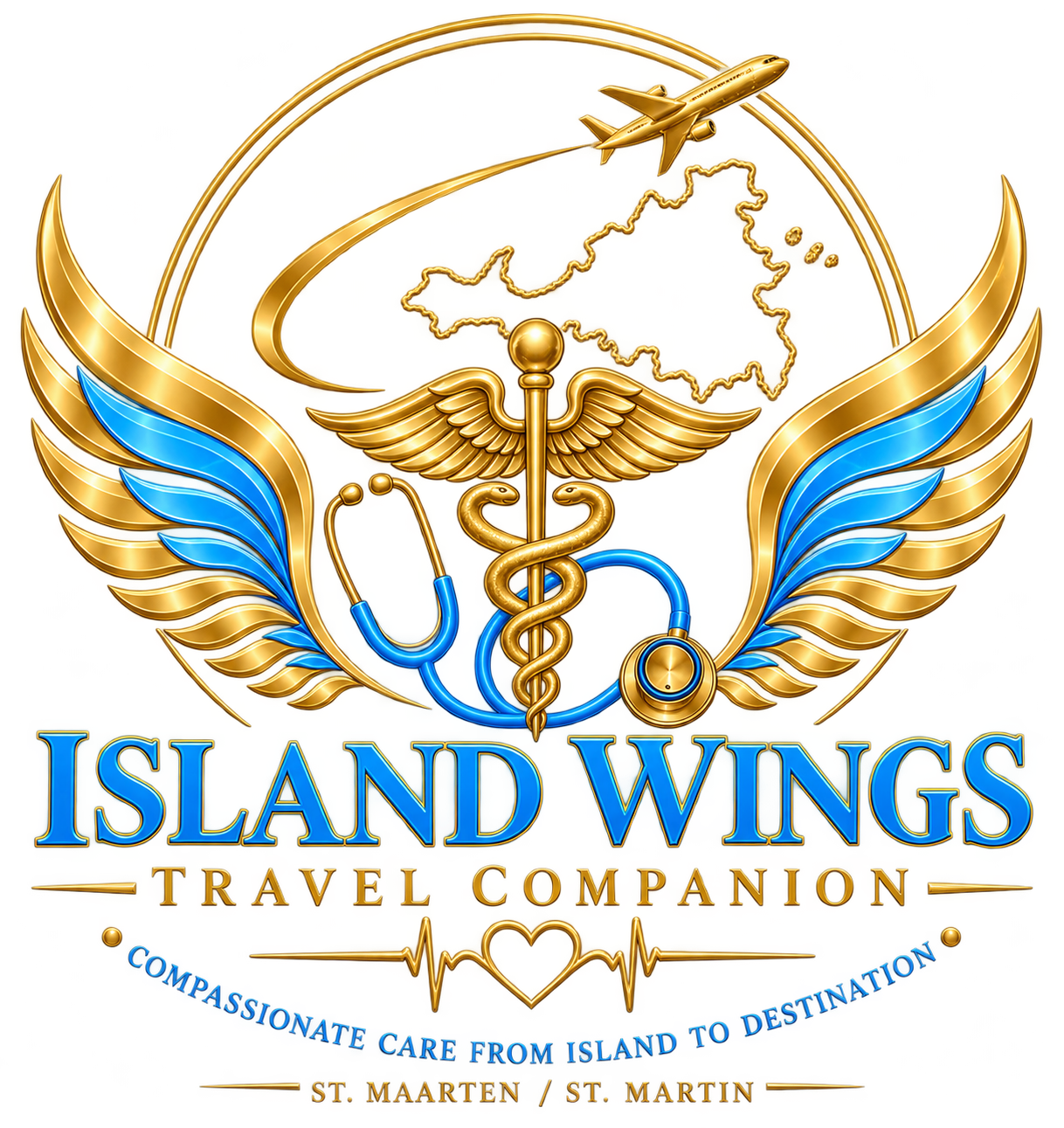 Island Wings emblem with plane, medical symbol, wings and St. Maarten outline